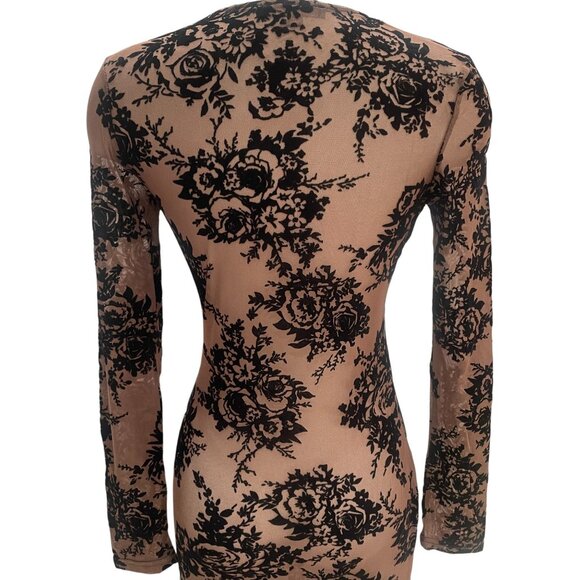 Iris Los Angeles Sheer Mesh Floral Flocked Bodycon Dress Long Sleeve M - Picture 10 of 11